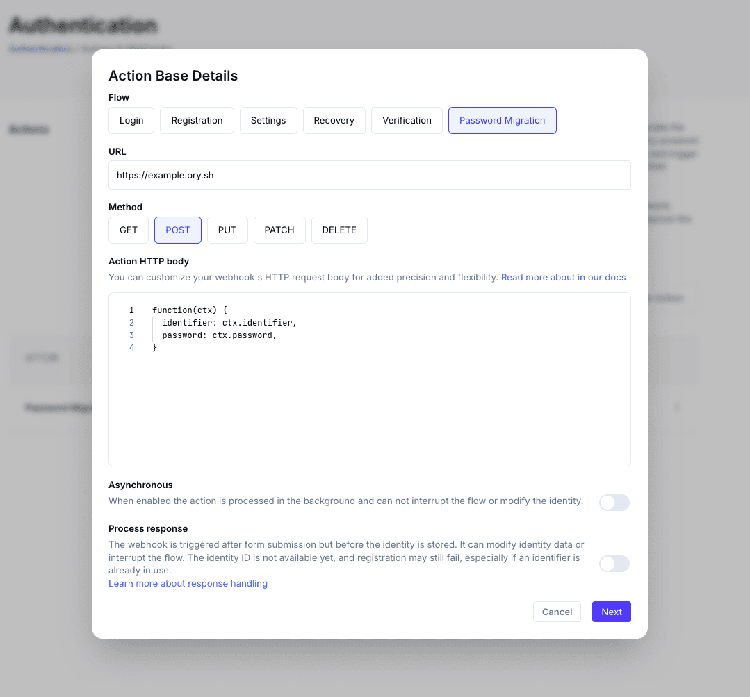 Action Base Details dialog with Password Migration flow selected